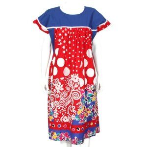 Vtg KRIST GUDNASON California Floral Mod Op Art Red Blue Cotton Dress sz S /997